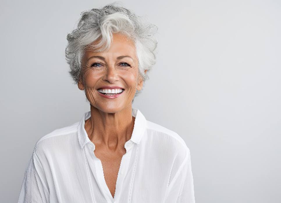 Closeup of senior woman smiling in white shirt