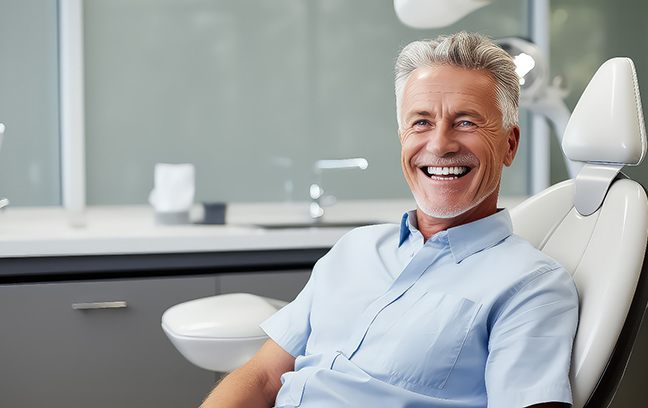 Senior man smiling while sitting in dentist's treatment chair