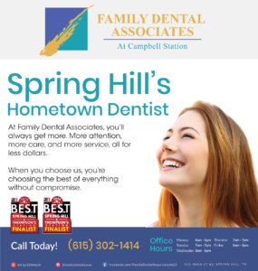 an ad for Family Dental Associates recognizing them as a finalist for Best of Spring Hill and Thompsons Station awards